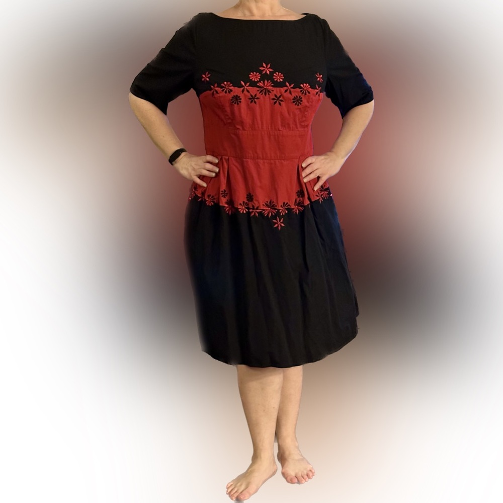 eShakti Black & Red Dress with embroidered flowers 2X 22W